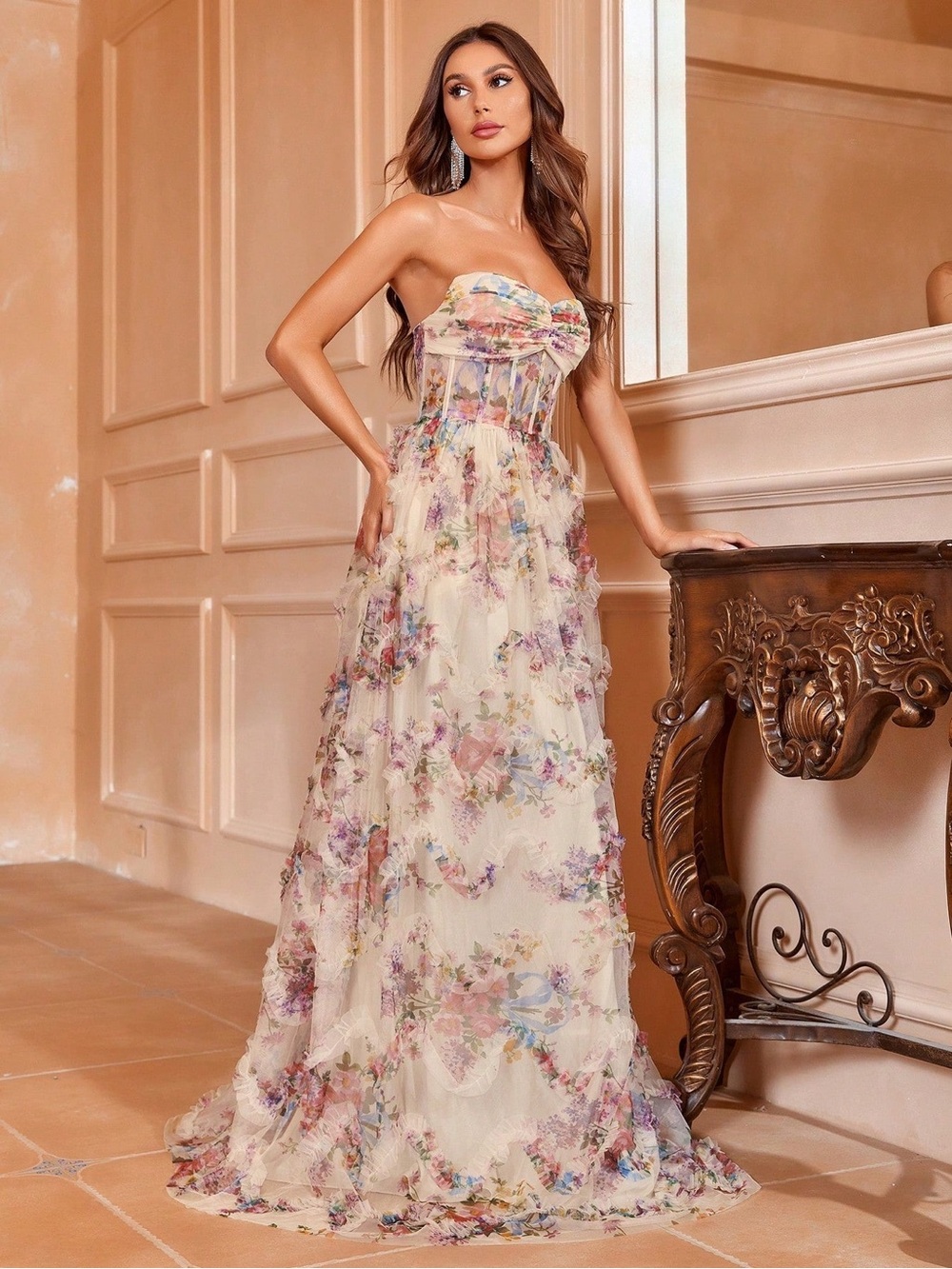 $159 NWOT Dressalisa Stunning Cream Floral Mesh Ruffled Strapless Maxi Dress L